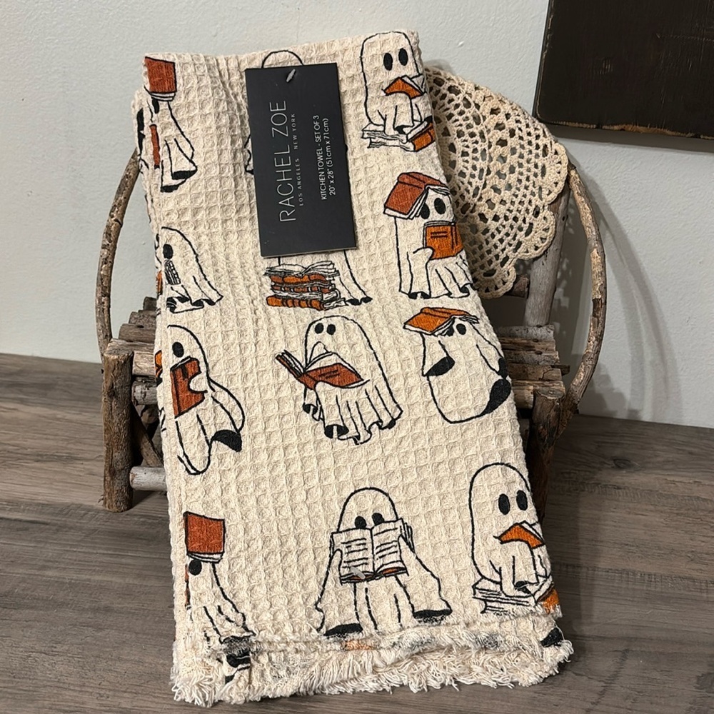 1 SET LEFT! NWT RACHEL ZOE GHOST READING BOOK KITCHEN TOWELS SET OF 3  NWT